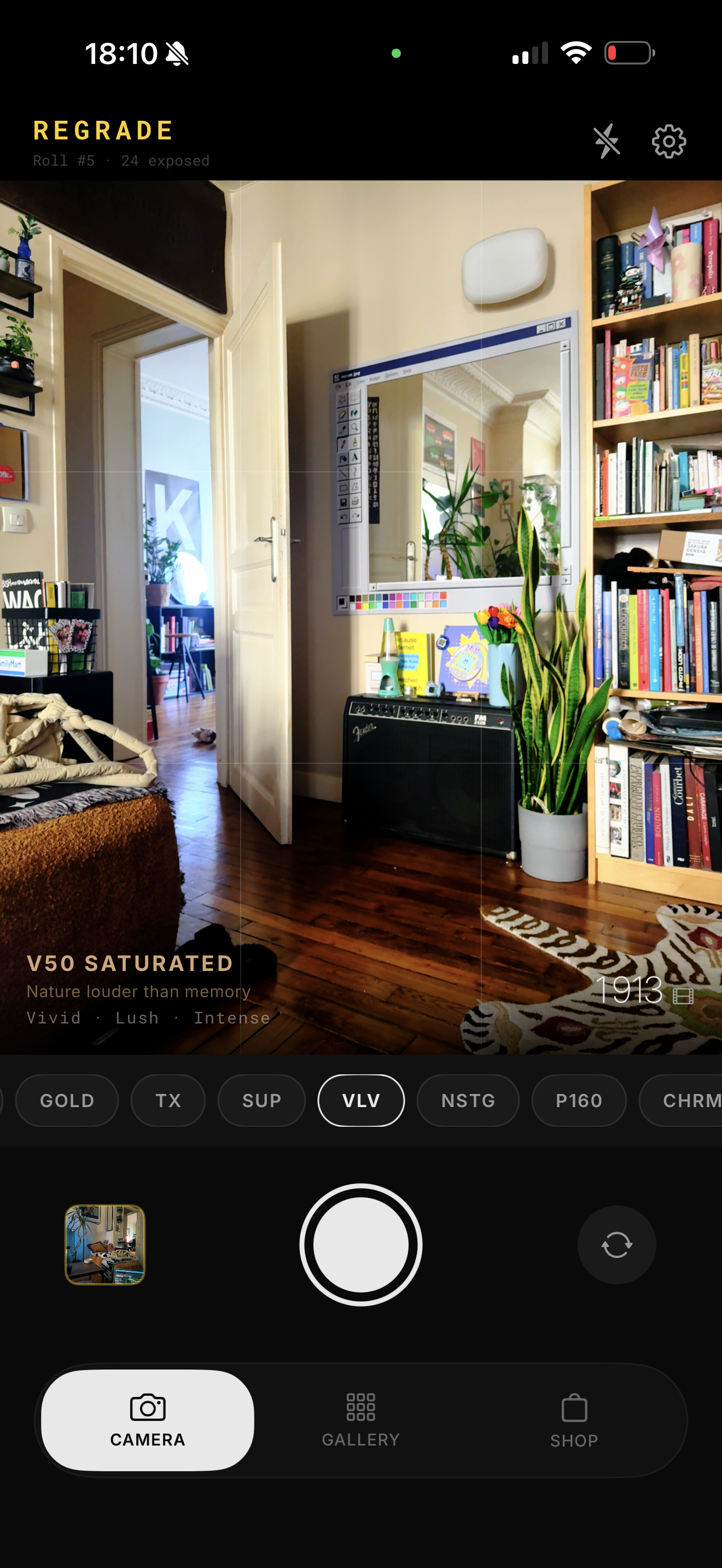REGRADE camera viewfinder with Velvia film stock selected, showing living room scene