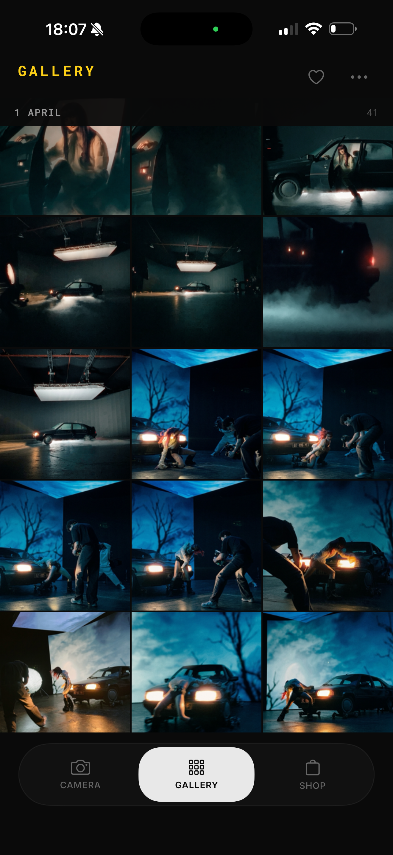 REGRADE gallery grid showing dramatic cinematic car photos organized by day