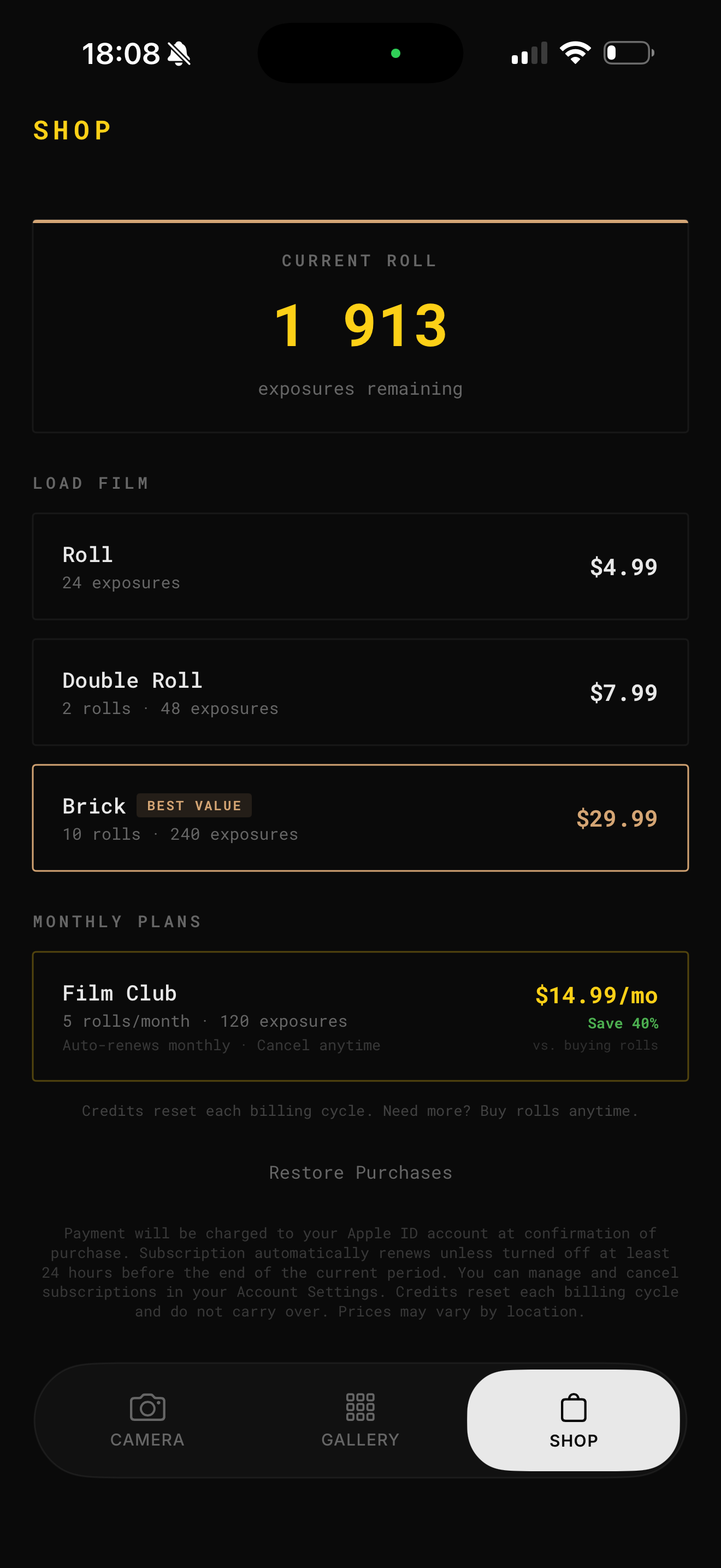 REGRADE shop screen with roll pricing and Film Club subscription
